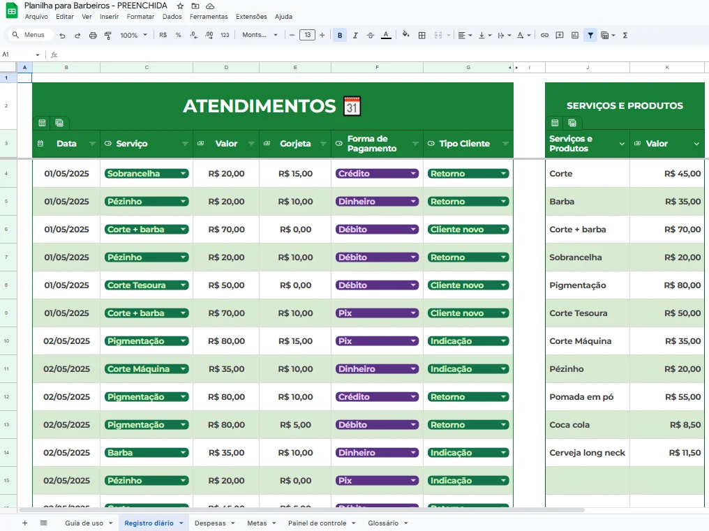Tela da planilha de Barbeiros autônomos publicada no site atual